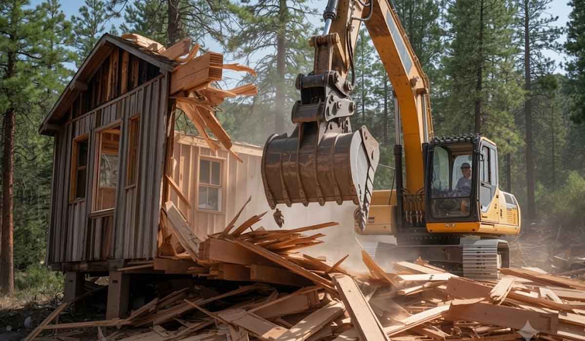 A yellow excavator demolishes a small wooden cabin in a forested area, with debris scattered around the site.