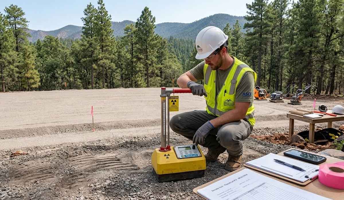 A construction worker in safety gear uses a nuclear density gauge to test soil compaction at a roadside worksite surrounded by pine trees and mountains.