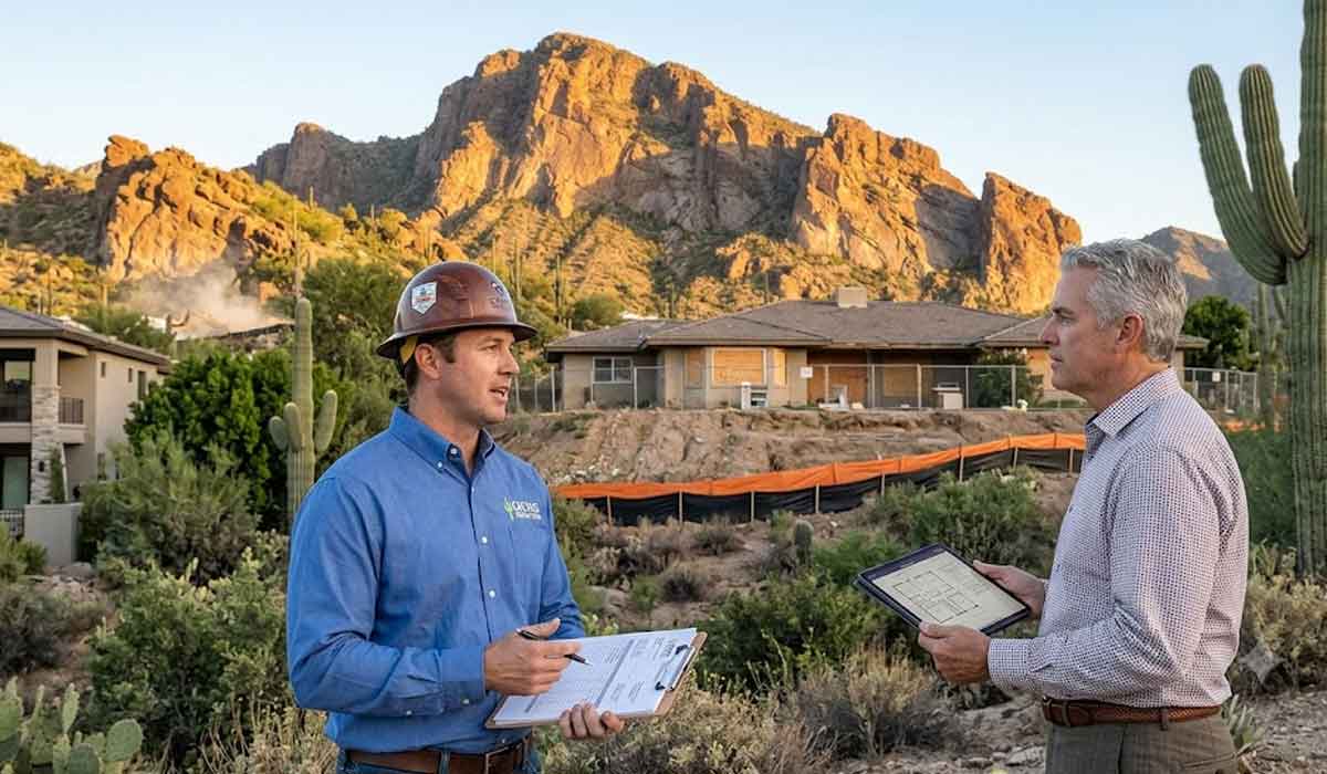 Two men discuss construction plans with clipboards in hand at a desert building site, with mountains and cacti visible in the background.