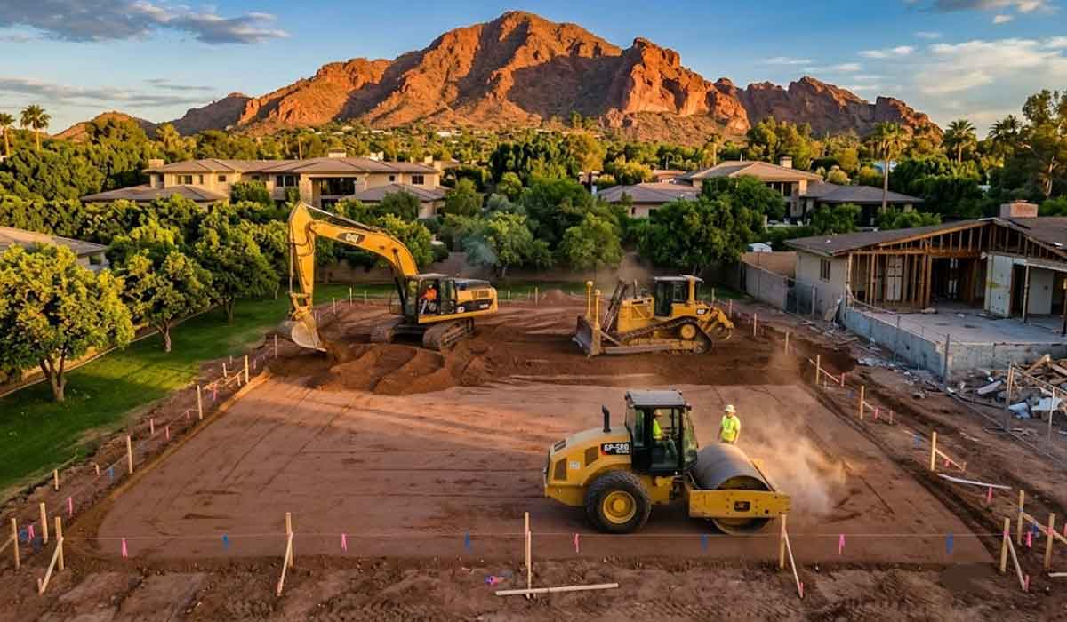 Construction site with heavy machinery leveling dirt, a worker nearby, houses and trees in the background, and mountains under a blue sky.