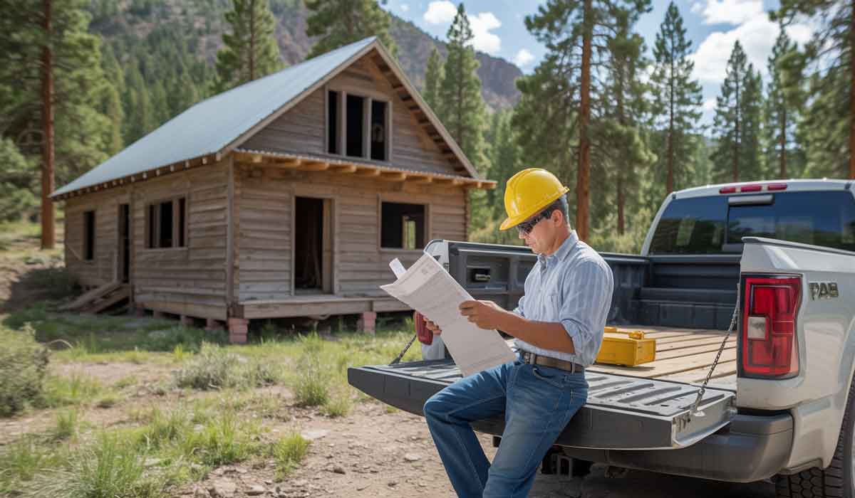 A man in a hard hat sits on a pickup truck tailgate, reviewing blueprints near a wooden house under construction in a rural area.