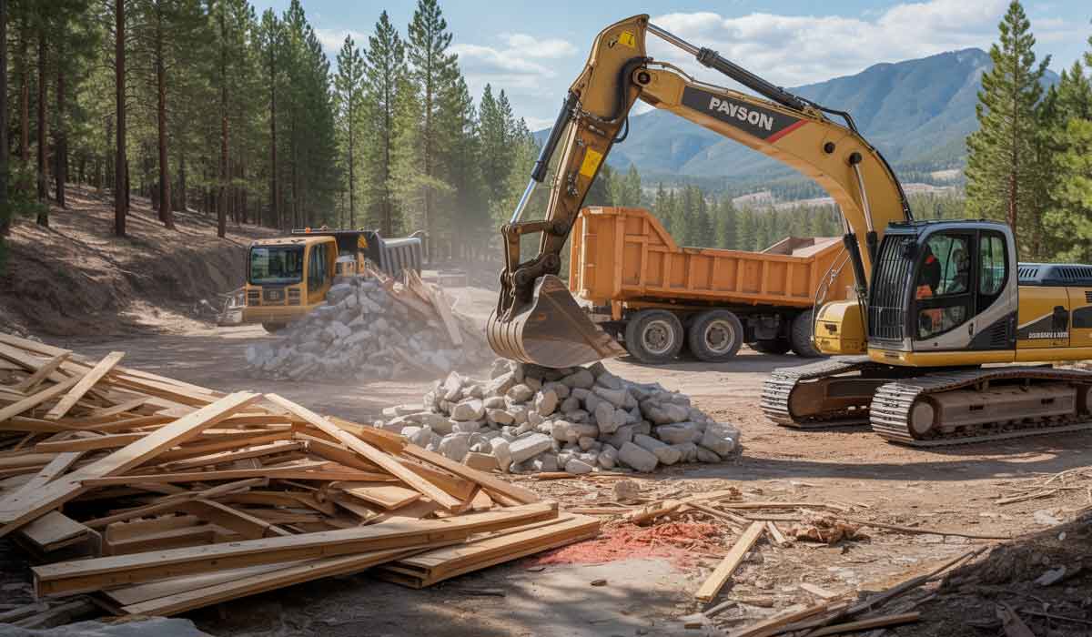 An excavator moves rocks near a pile of timber at a construction site in a forested area, with a dump truck and mountains in the background.