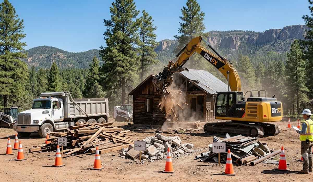 An excavator demolishes a small wooden cabin while a dump truck and construction worker are nearby; debris piles are labeled "WOOD," "METAL," and "CONCRETE.