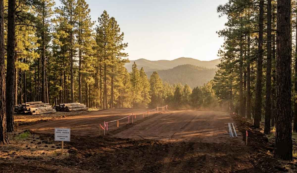 A cleared dirt area in a forest with construction materials and logs stacked nearby; a small sign and mountains are visible in the background.