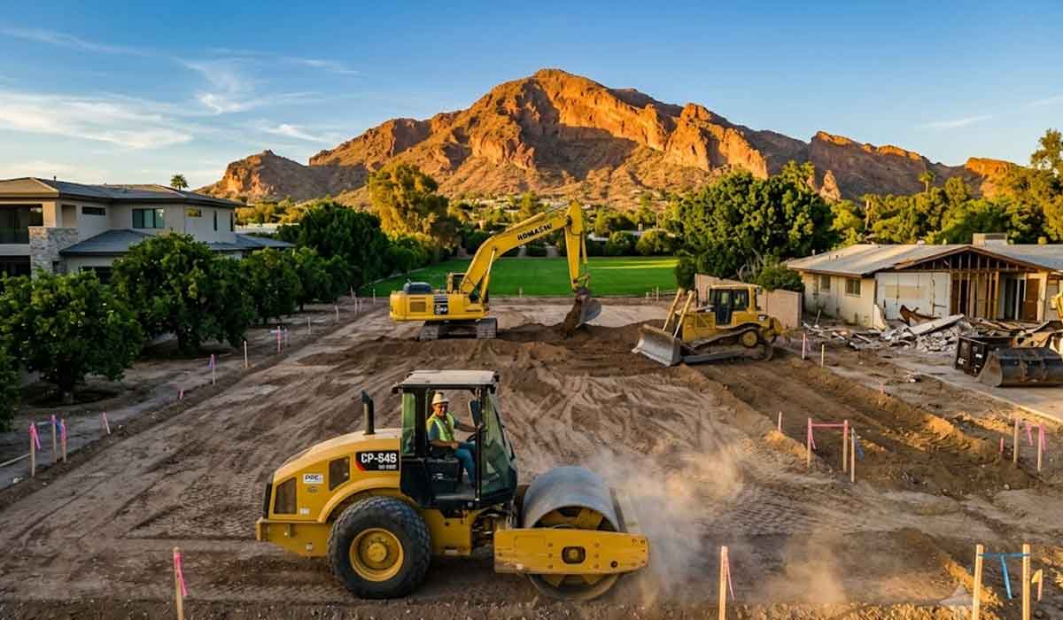 Construction site with heavy machinery, including a steamroller and excavator, leveling dirt. Houses and trees surround the area with a mountain in the background under a blue sky.