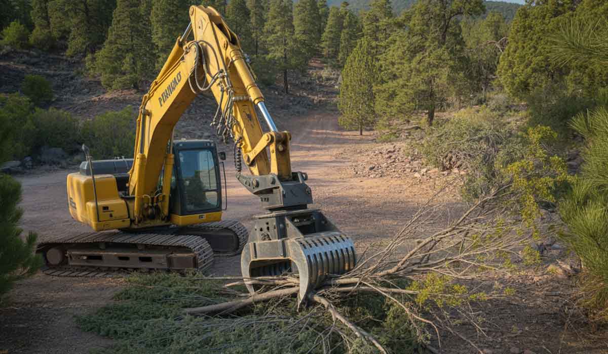 A yellow excavator with a grapple attachment lifts a fallen tree branch in a forested area with dirt ground and scattered rocks.