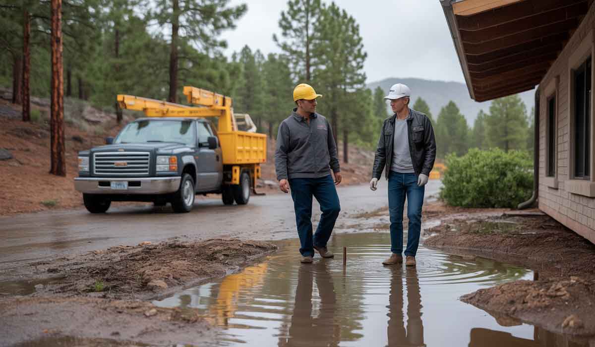 Two people wearing hard hats walk through a muddy construction site with a large puddle, beside a building and a yellow truck surrounded by trees.