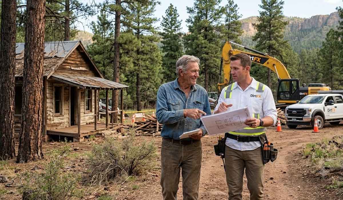 Two men stand outside a rustic wooden cabin in a forest, reviewing construction plans; excavator and work vehicles are visible in the background.