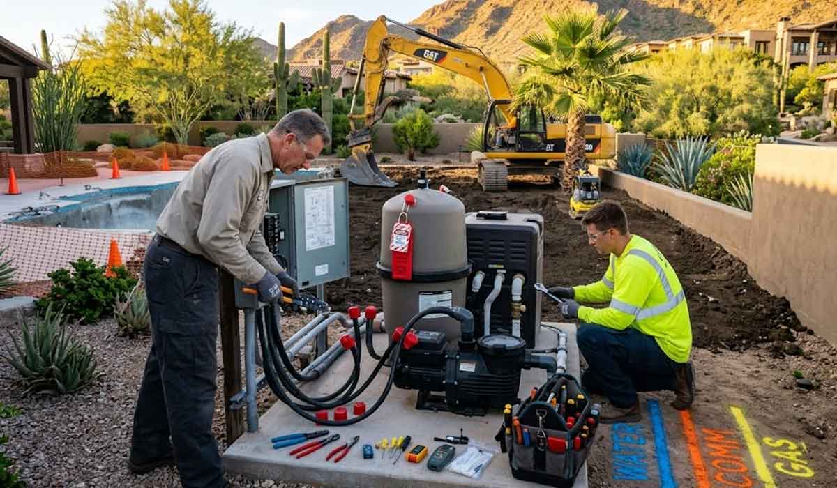 Two workers inspect and maintain pool equipment next to a construction site, with an excavator, safety cones, and utility markings visible in a residential desert area.