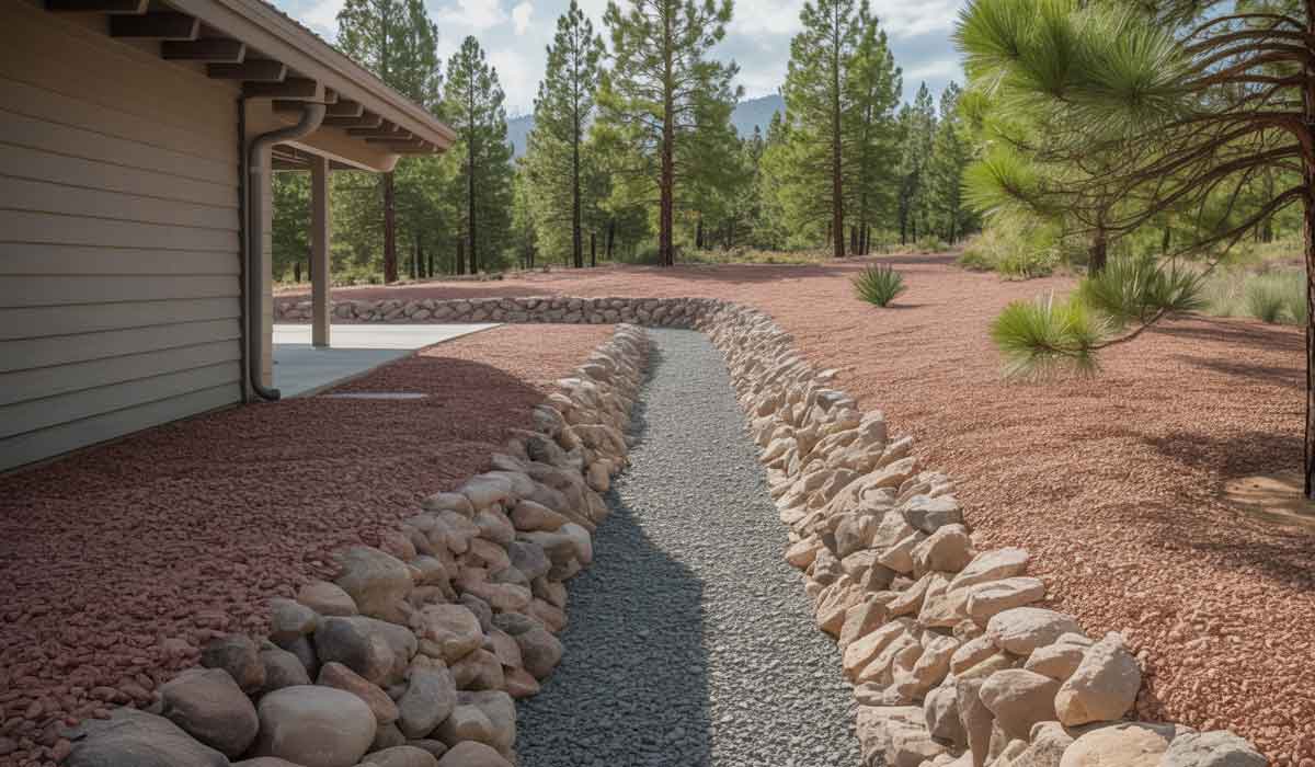 A gravel drainage channel lined with rocks runs beside a house with a yard covered in reddish gravel and surrounded by pine trees.