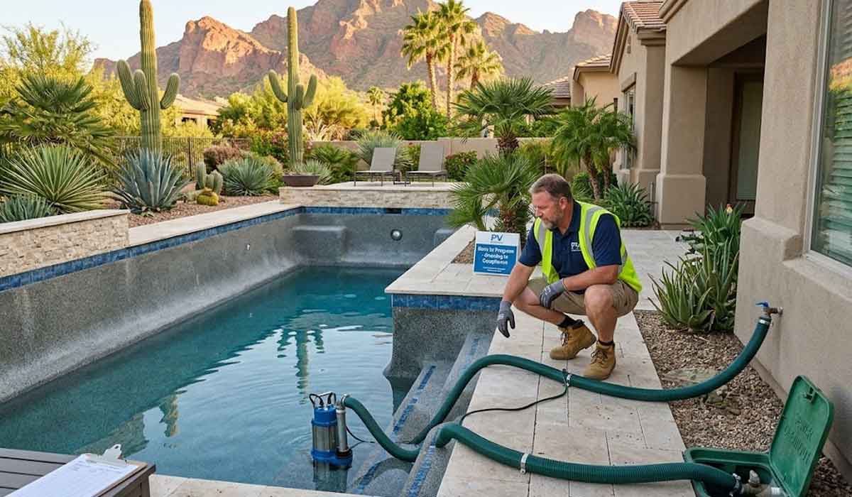 A worker in a safety vest drains water from a backyard pool using a pump and hoses in a desert landscape with cacti and mountains in the background.
