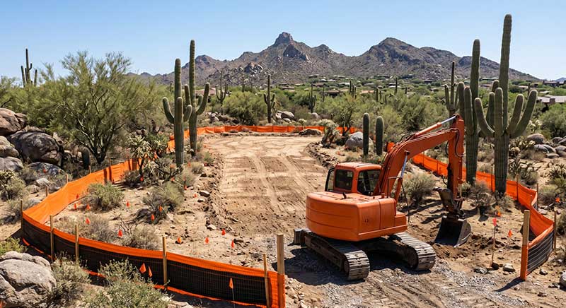 An orange excavator is parked on a dirt construction site surrounded by orange safety fencing in a desert landscape with cacti and mountains in the background.