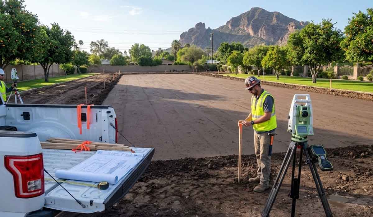 A construction worker uses a measuring stick at a leveled dirt site with plans on a truck bed and surveying equipment nearby, mountains visible in the background.