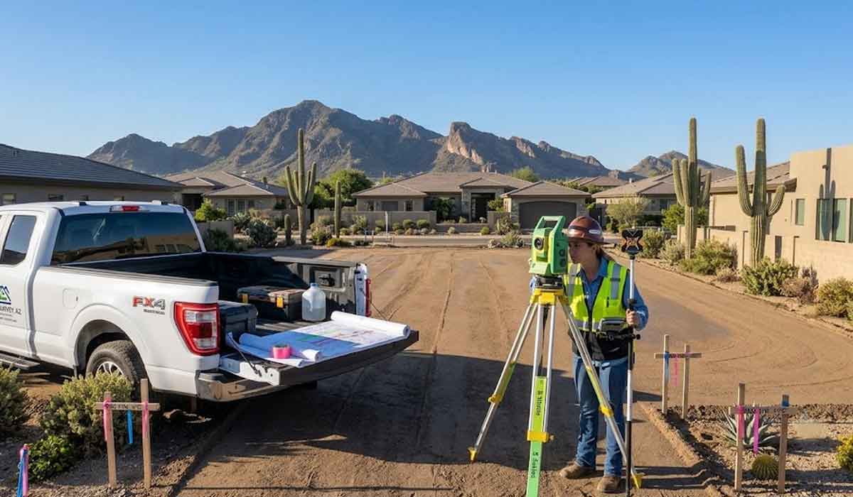 A surveyor in a safety vest uses surveying equipment on a tripod near a pickup truck on a residential construction site with desert landscaping and mountains in the background.
