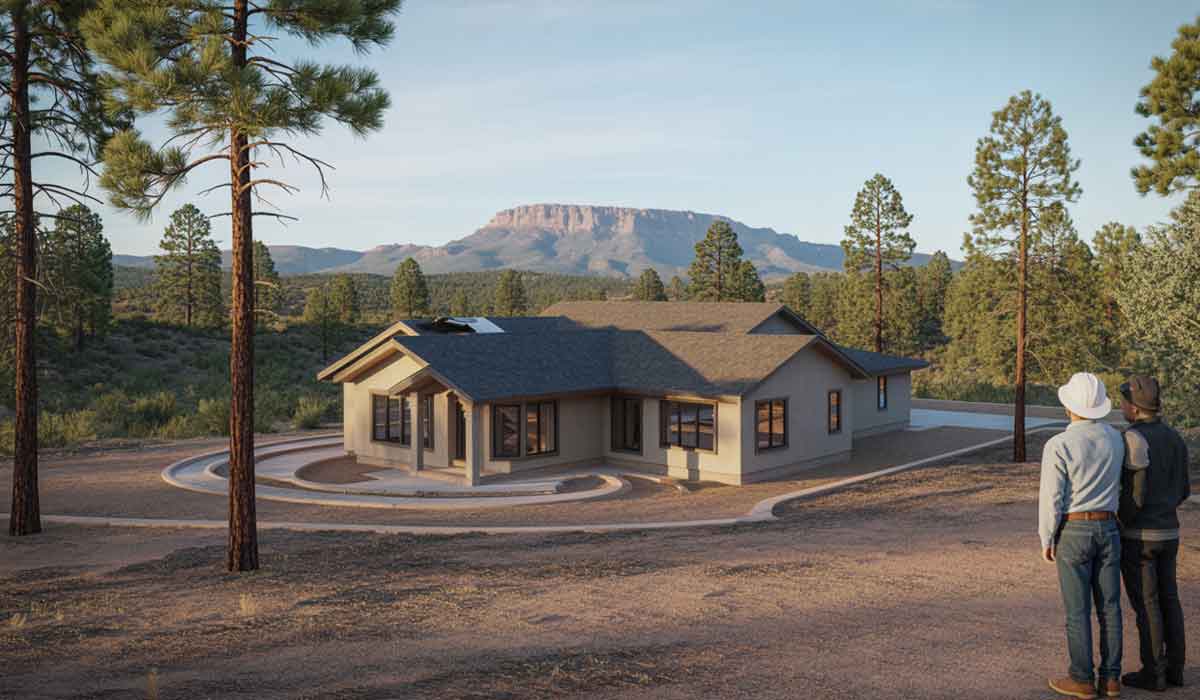 Two people stand outside a modern single-story house surrounded by trees with a mountain visible in the background.