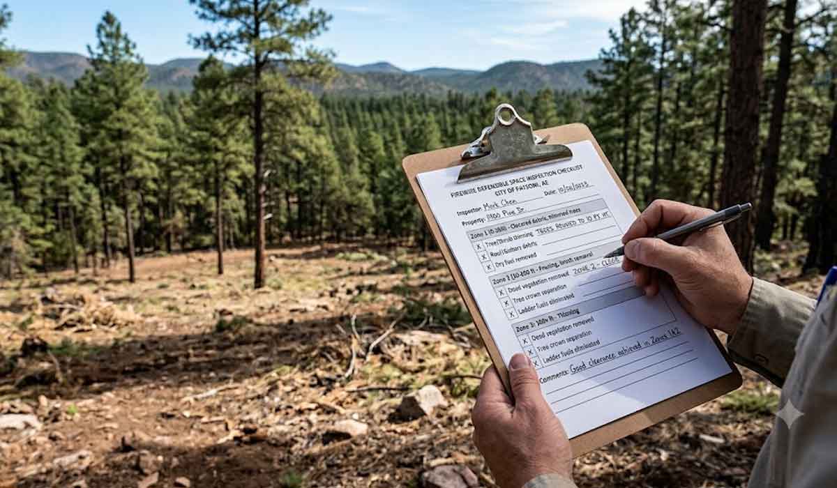 A person fills out a wildlife observation checklist on a clipboard while standing in a pine forest with mountains in the background.