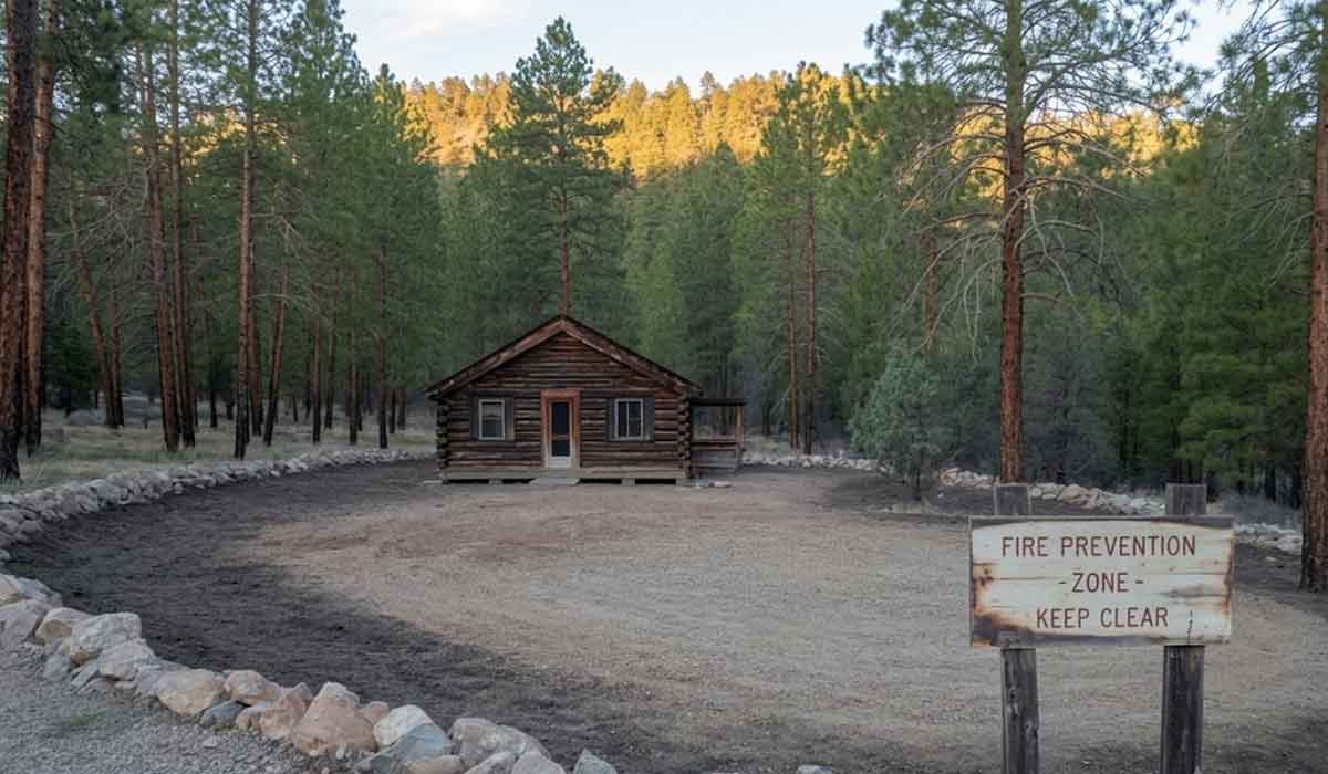A small wooden cabin stands surrounded by trees in a forest clearing with a sign in front reading "Fire Prevention Zone - Keep Clear.