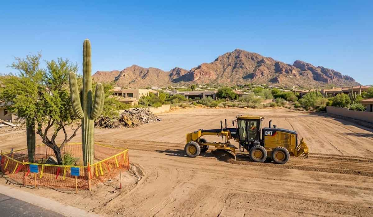 A yellow construction vehicle grades a dirt lot near a fenced cactus in a desert landscape with mountains and houses in the background.