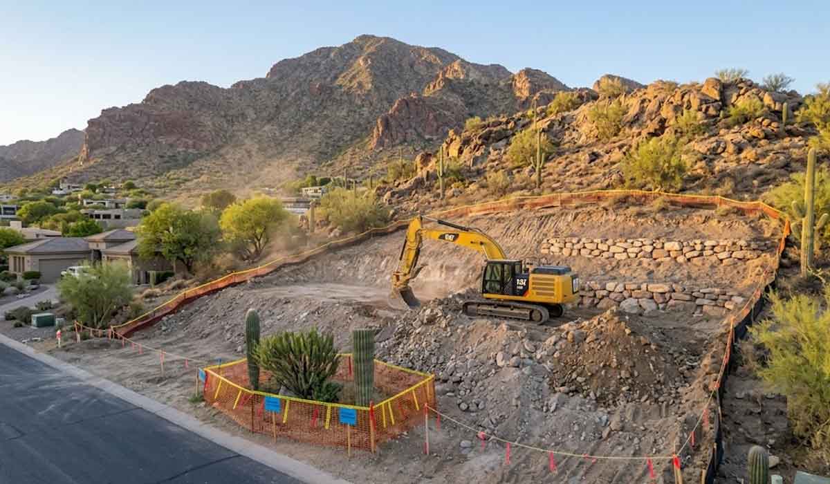 Excavator clearing and leveling a rocky hillside at a construction site near a residential area and desert mountains.