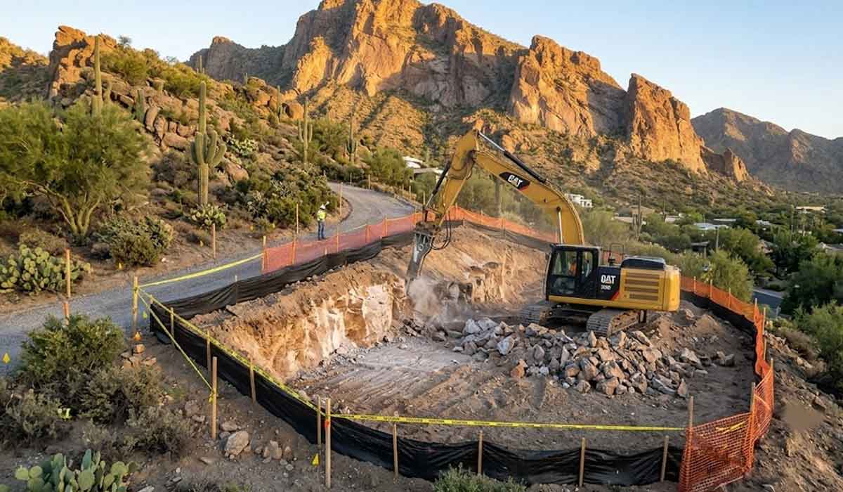 A yellow excavator breaks up rocks in a fenced construction site surrounded by desert vegetation and mountains under a clear sky.