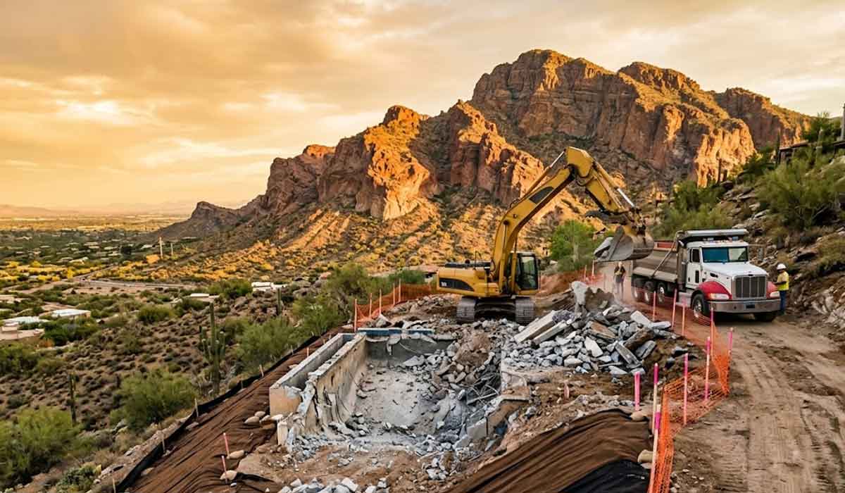 An excavator loads debris from a demolished concrete structure into a dump truck on a hillside construction site, with rocky mountains in the background under a partly cloudy sky.