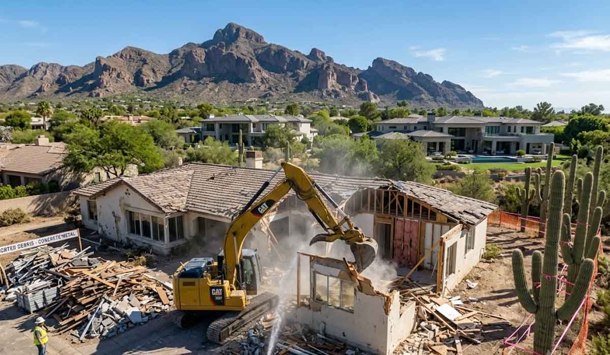 A yellow excavator demolishes a single-story house in a suburban neighborhood with mountains and modern homes in the background.