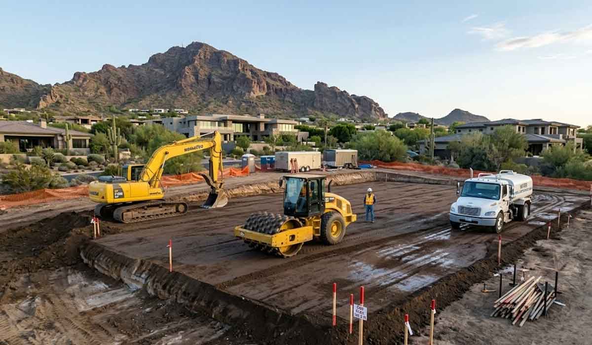 Construction site with an excavator, steamroller, and water truck at work. Two workers stand in the center. Houses and mountains are visible in the background.