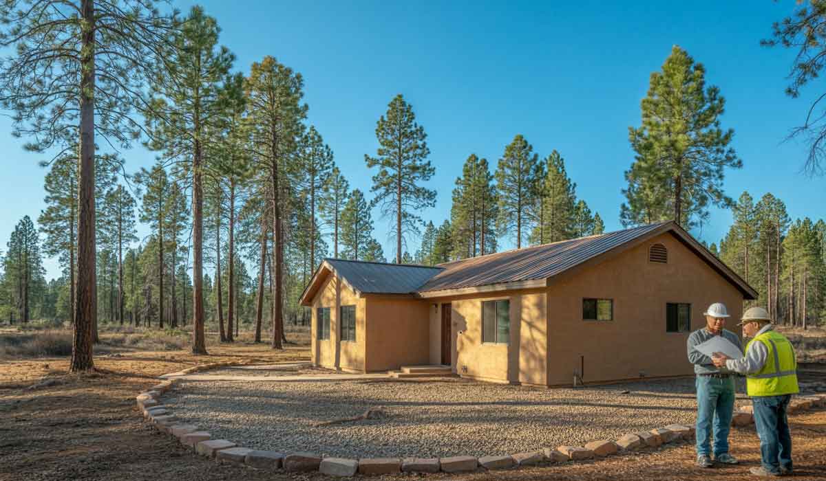 Two construction workers stand near a tan house surrounded by pine trees, reviewing plans on a gravel driveway under a clear blue sky.