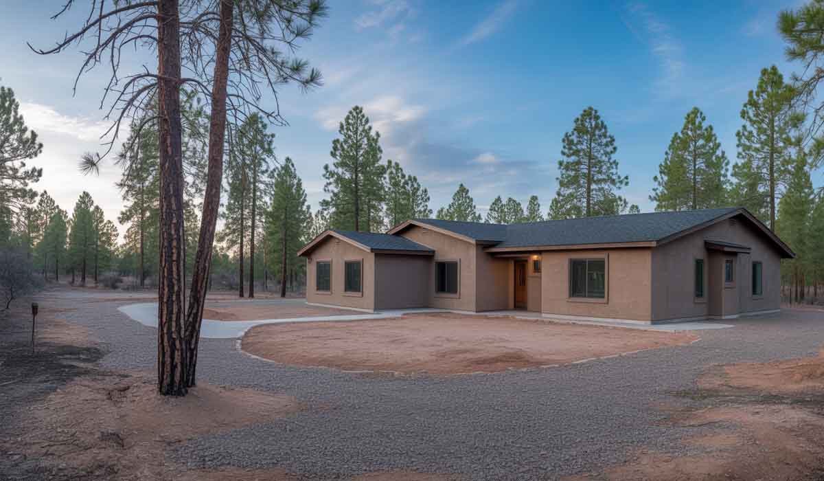 Single-story house with brown exterior and dark roof, surrounded by tall pine trees and a gravel driveway under a blue sky.
