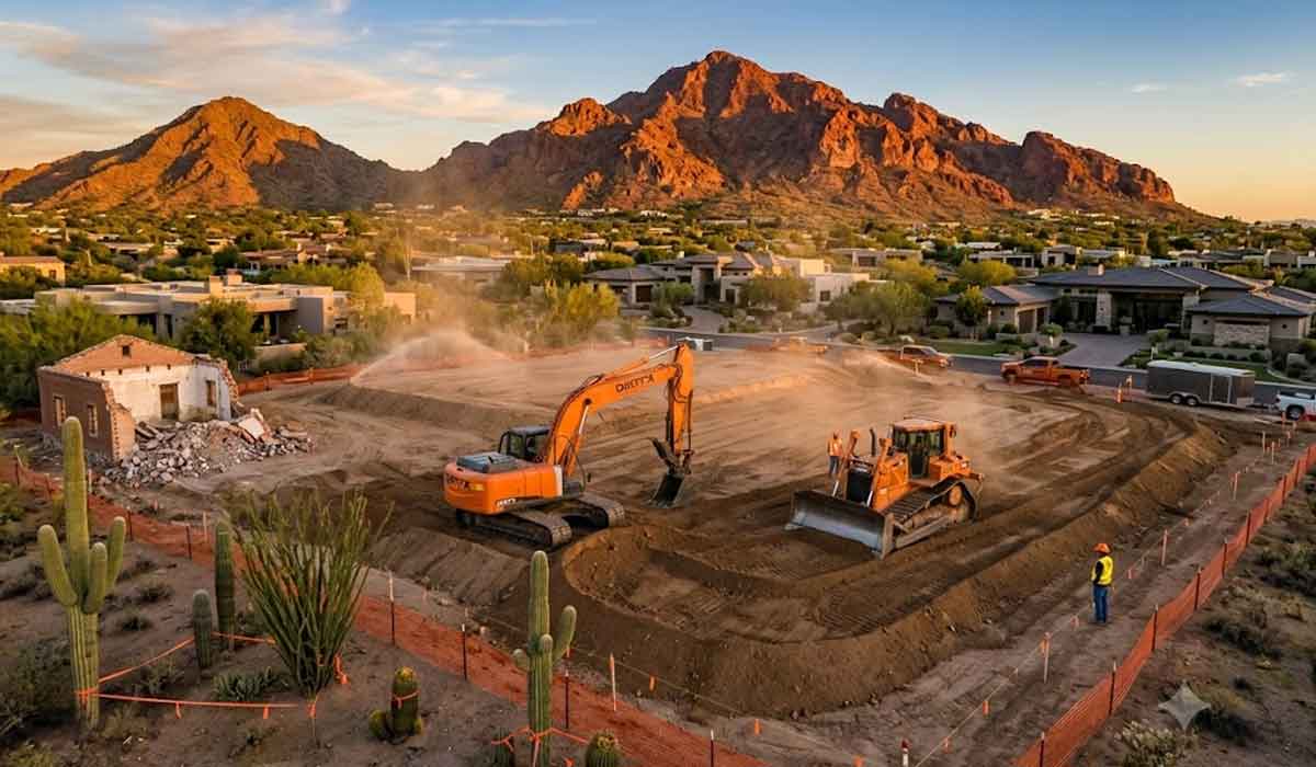 Two construction vehicles level a dirt lot while a worker observes; debris from a demolished building is visible nearby, with mountains and houses in the background.