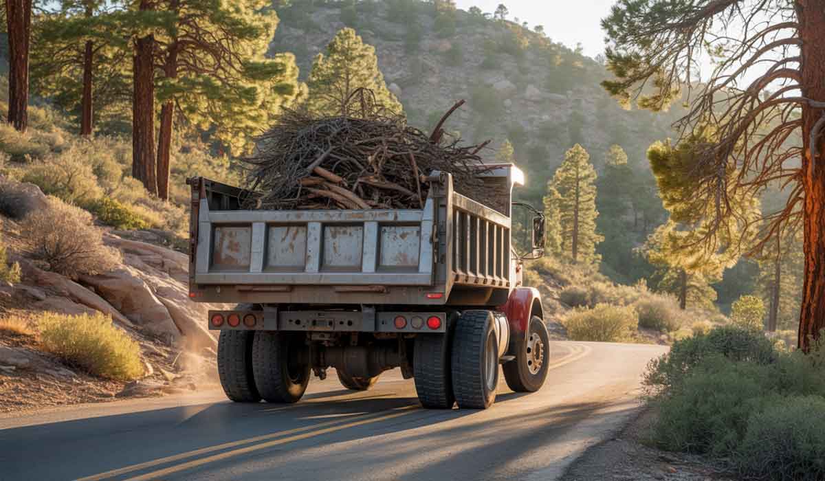 A dump truck carrying a load of tree branches drives on a paved road through a forested, mountainous area in daylight.