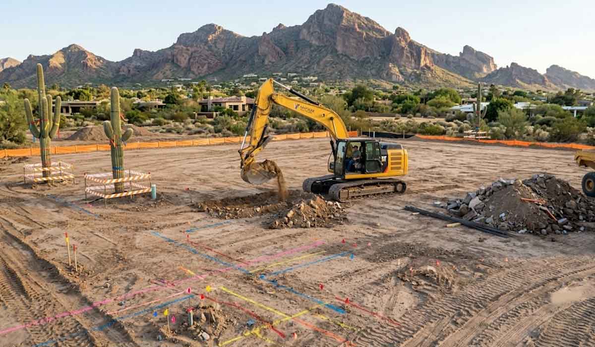 A yellow excavator moves dirt on a construction site in a desert area, with mountains and scattered vegetation in the background. Colorful markings are visible on the ground.