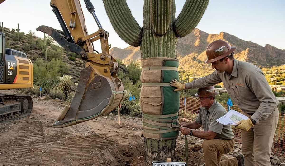 Two workers wrap a large saguaro cactus with padding while a construction vehicle stands nearby in a desert landscape with mountains in the background.
