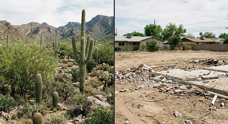 Split image showing a natural desert landscape with cacti on the left and a cleared, debris-strewn lot in front of suburban houses on the right.