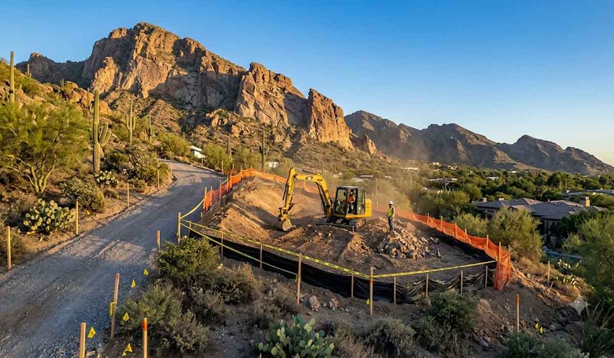 An excavator and a worker operate on a fenced construction site in a desert area with rocky mountains in the background under a clear blue sky.
