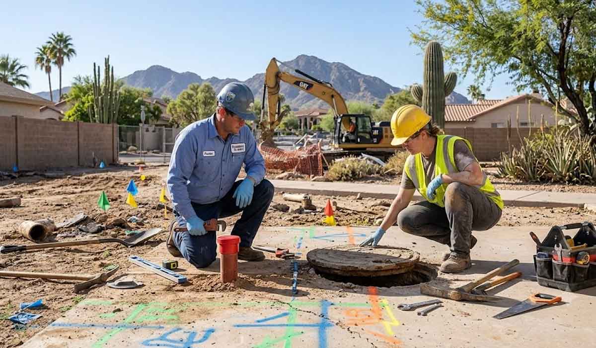 Two construction workers examine an open manhole on a marked street, with tools and equipment nearby and an excavator operating in the background.
