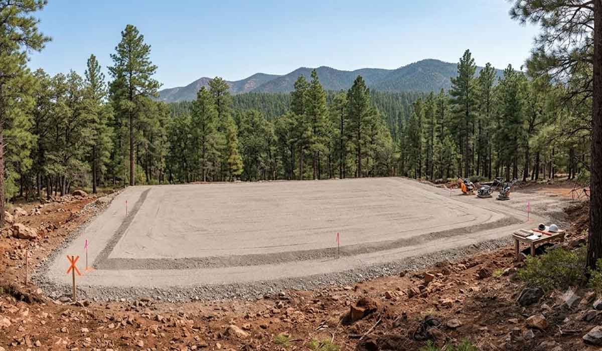 A cleared, leveled rectangular dirt area marked with stakes is surrounded by trees and mountains in the background. Construction equipment is visible on the right side.