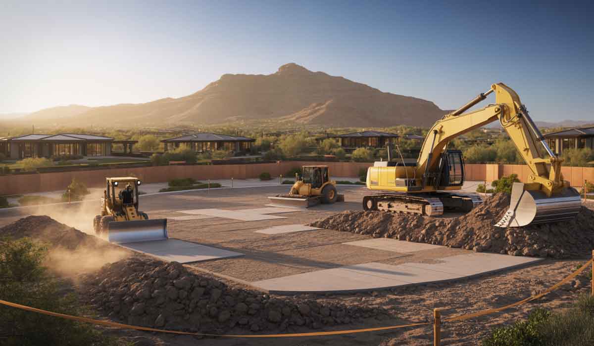 Construction vehicles, including an excavator and bulldozers, move dirt on a construction site with mountains and buildings in the background under a clear sky.