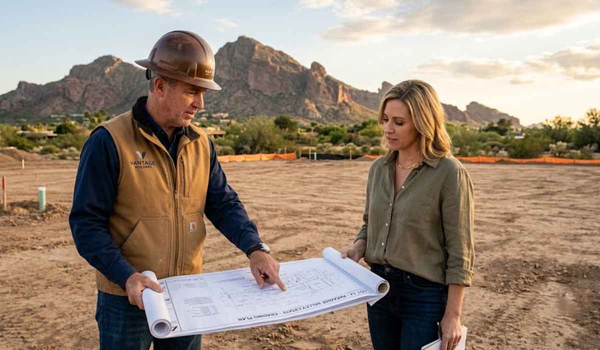 A man in a hard hat shows building plans to a woman at a construction site with mountains in the background.