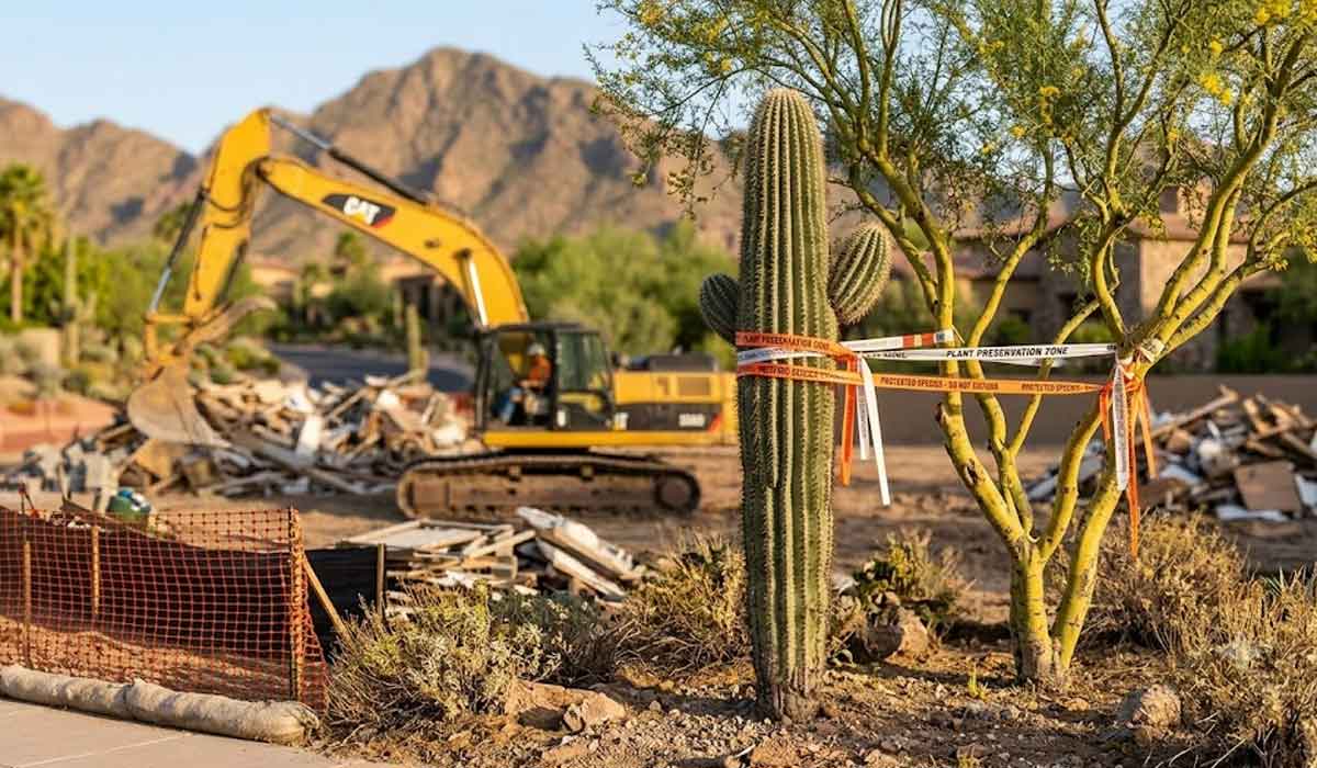 A bulldozer demolishes a house while a large cactus, marked with caution tape, stands nearby in a desert landscape.