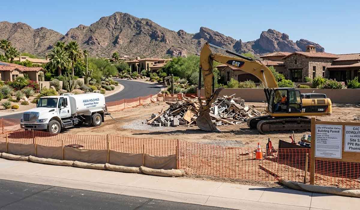 An excavator and truck are at a fenced residential construction site with debris, surrounded by houses and mountains in the background.