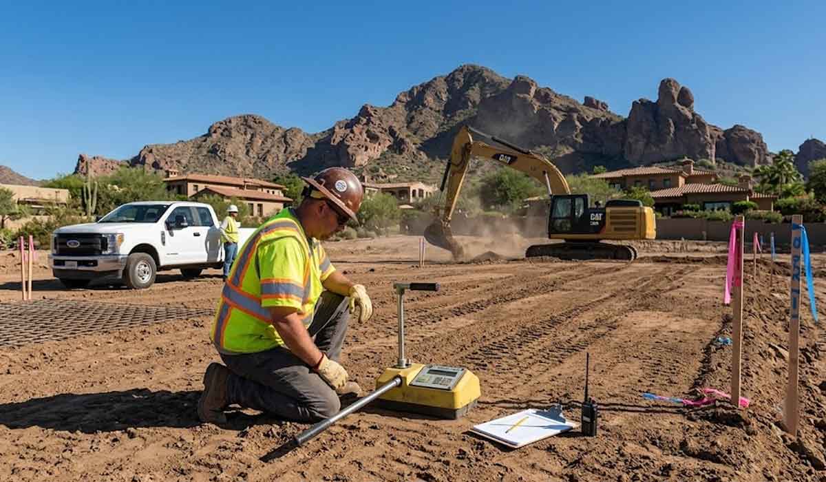 A construction worker in a safety vest kneels on a dirt site with measuring equipment while an excavator moves soil; mountains and houses are visible in the background.