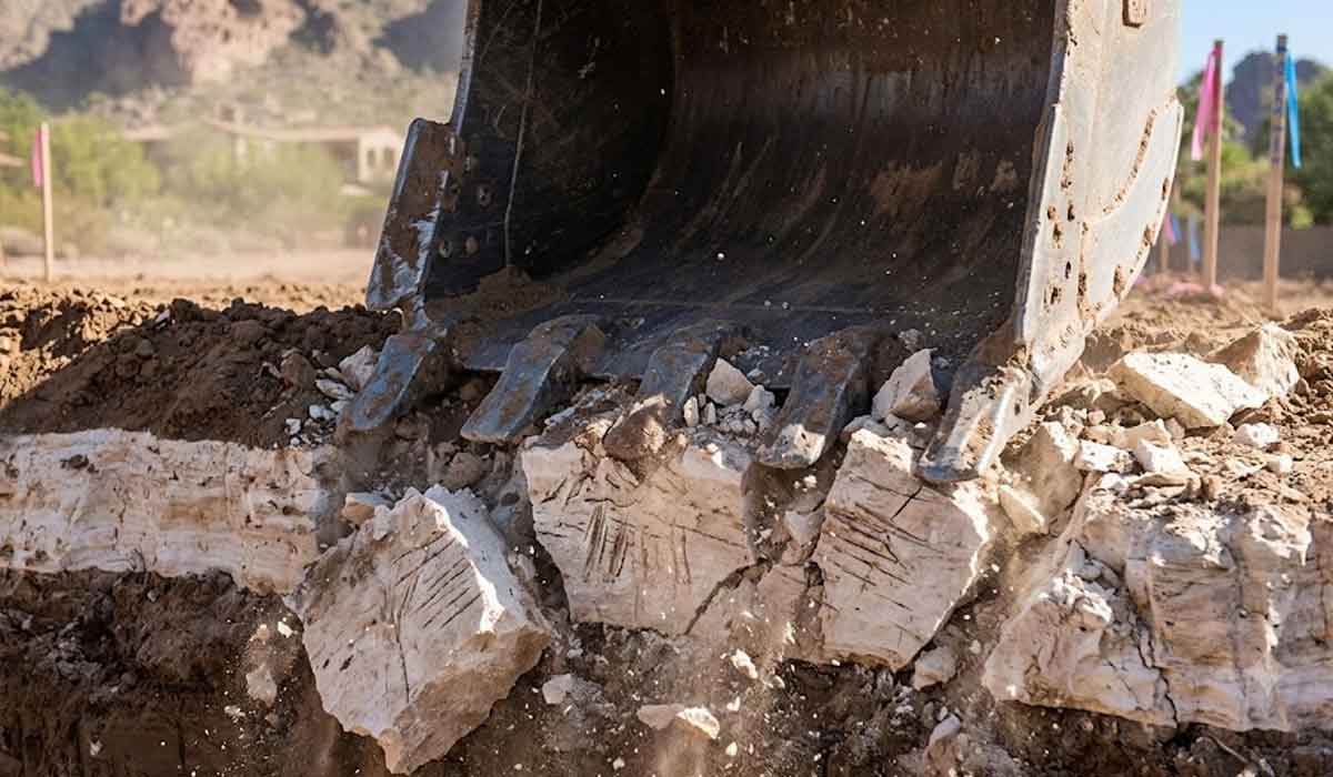 A close-up of an excavator bucket breaking large rocks and digging into the soil at a construction site.