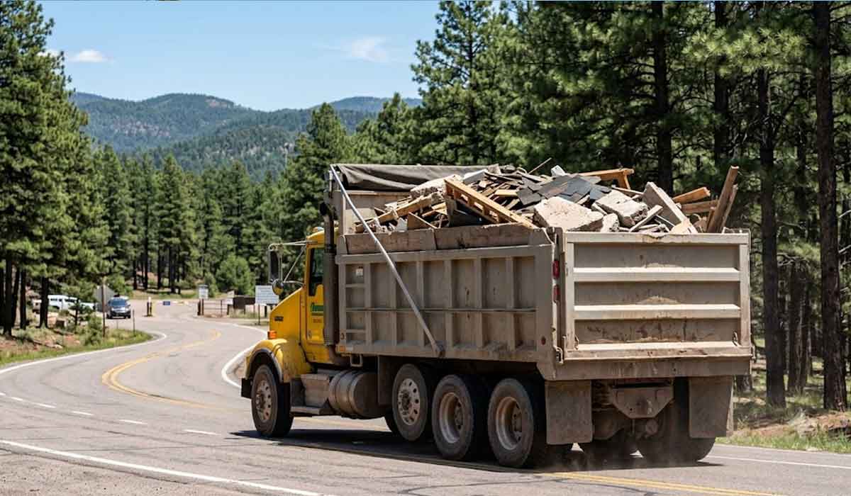 A yellow dump truck loaded with construction debris drives on a winding road through a forested area with mountains in the background.