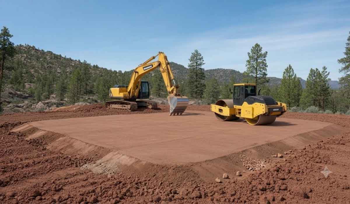 An excavator and a road roller are leveling a rectangular patch of dirt at a construction site surrounded by trees and hills.