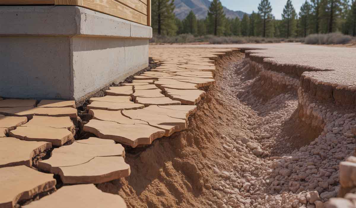 Cracked, dry soil and eroded ground next to a building foundation, with trees and mountains visible in the background.