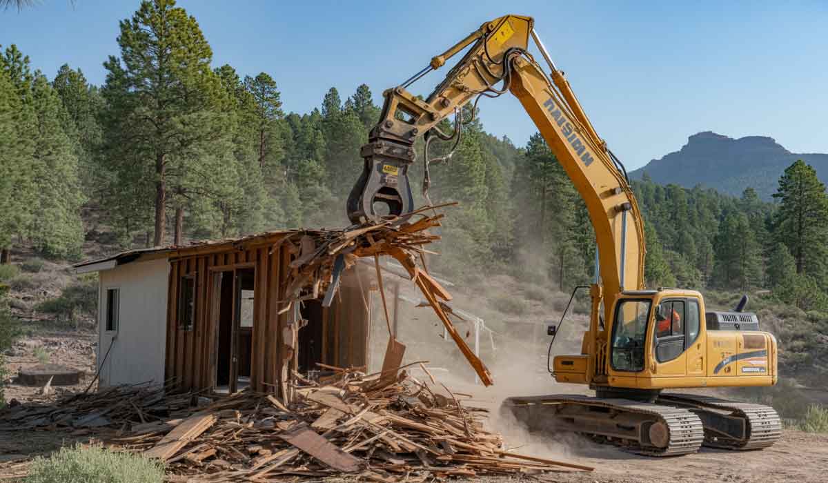 An excavator demolishes a small wooden building in a forested area, with debris and dust scattered around the site.