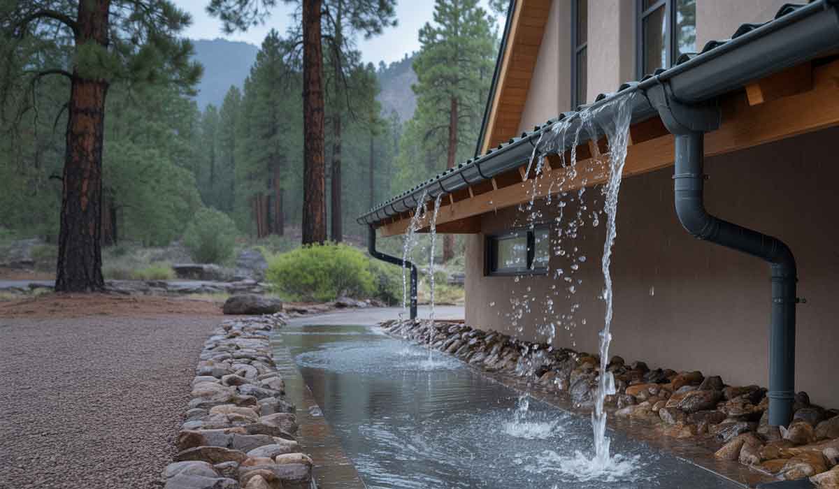 Rainwater overflows from a house gutter, spilling onto a stone-lined ground near a forested area with tall pine trees.