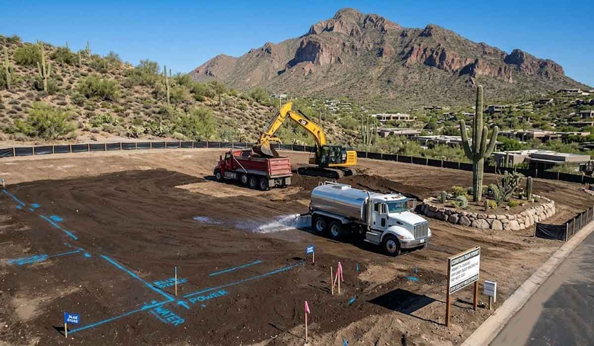 Construction site with trucks, an excavator, and marked ground in a desert area with cacti and mountains in the background.