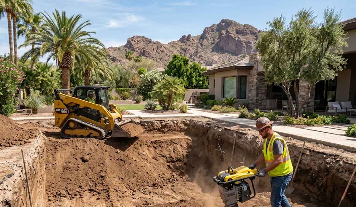 Two workers operate machinery to dig and level a large hole in a backyard, likely for a pool, with desert landscaping and mountains in the background.